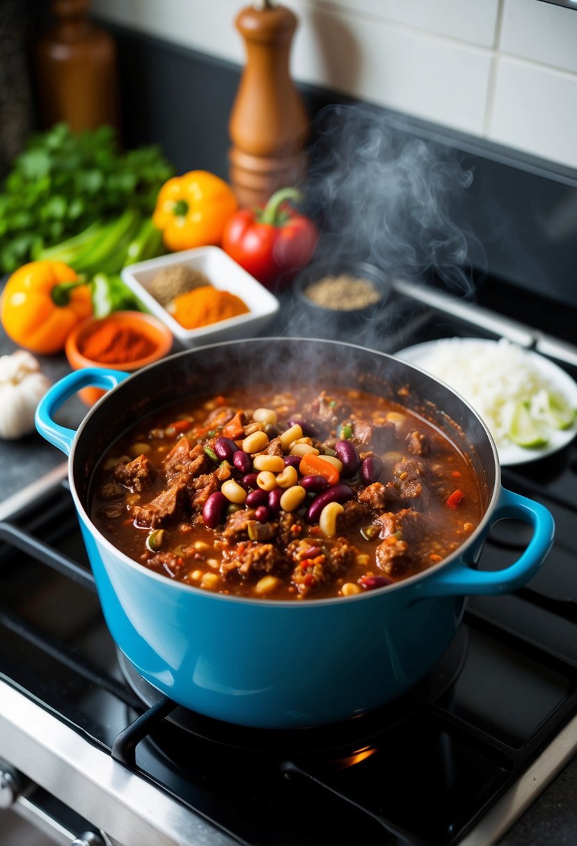 A steaming pot of beef and bean chili simmering on a stovetop, accompanied by a colorful array of fresh ingredients and spices