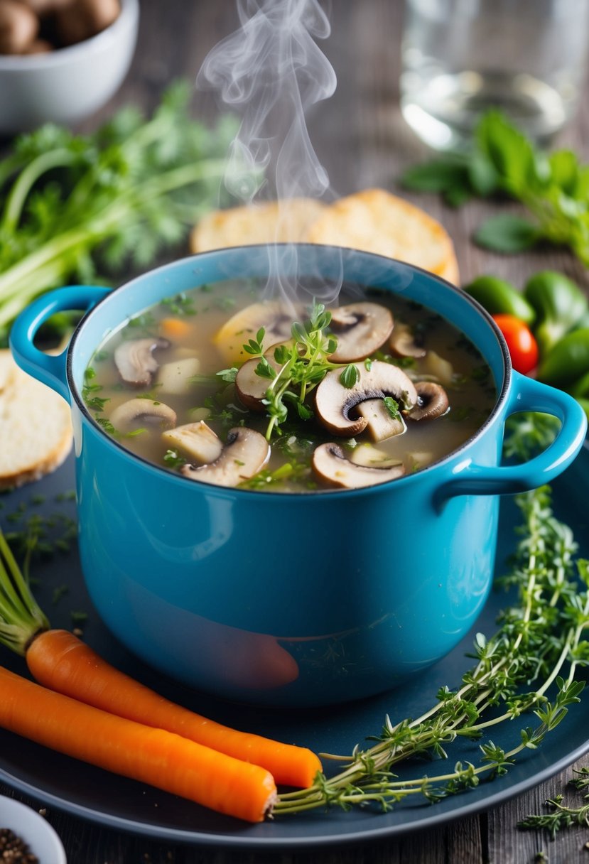 A steaming pot of mushroom and thyme keto soup surrounded by fresh vegetables and herbs