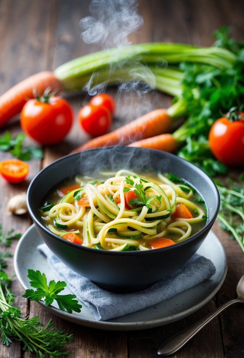 A steaming bowl of zucchini noodle vegetable soup surrounded by fresh ingredients like tomatoes, carrots, and herbs on a rustic wooden table