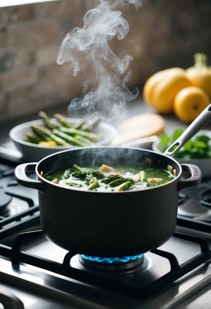 A pot of asparagus and spinach soup simmers on a stovetop, steam rising as the vegetables soften in the savory broth