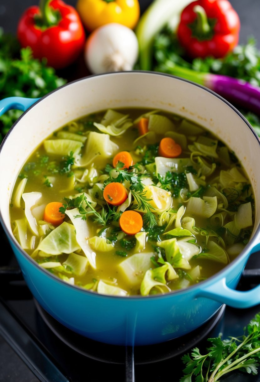 A pot of hearty cabbage soup simmering on a stovetop, surrounded by colorful vegetables and herbs