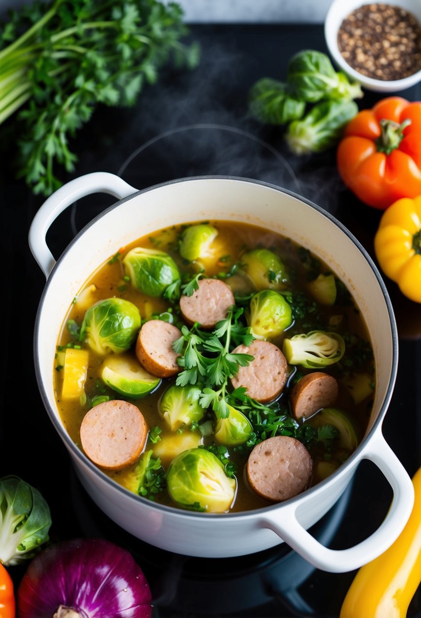 A pot of Brussels sprout and sausage soup simmering on a stove, surrounded by colorful keto-friendly vegetables and aromatic herbs