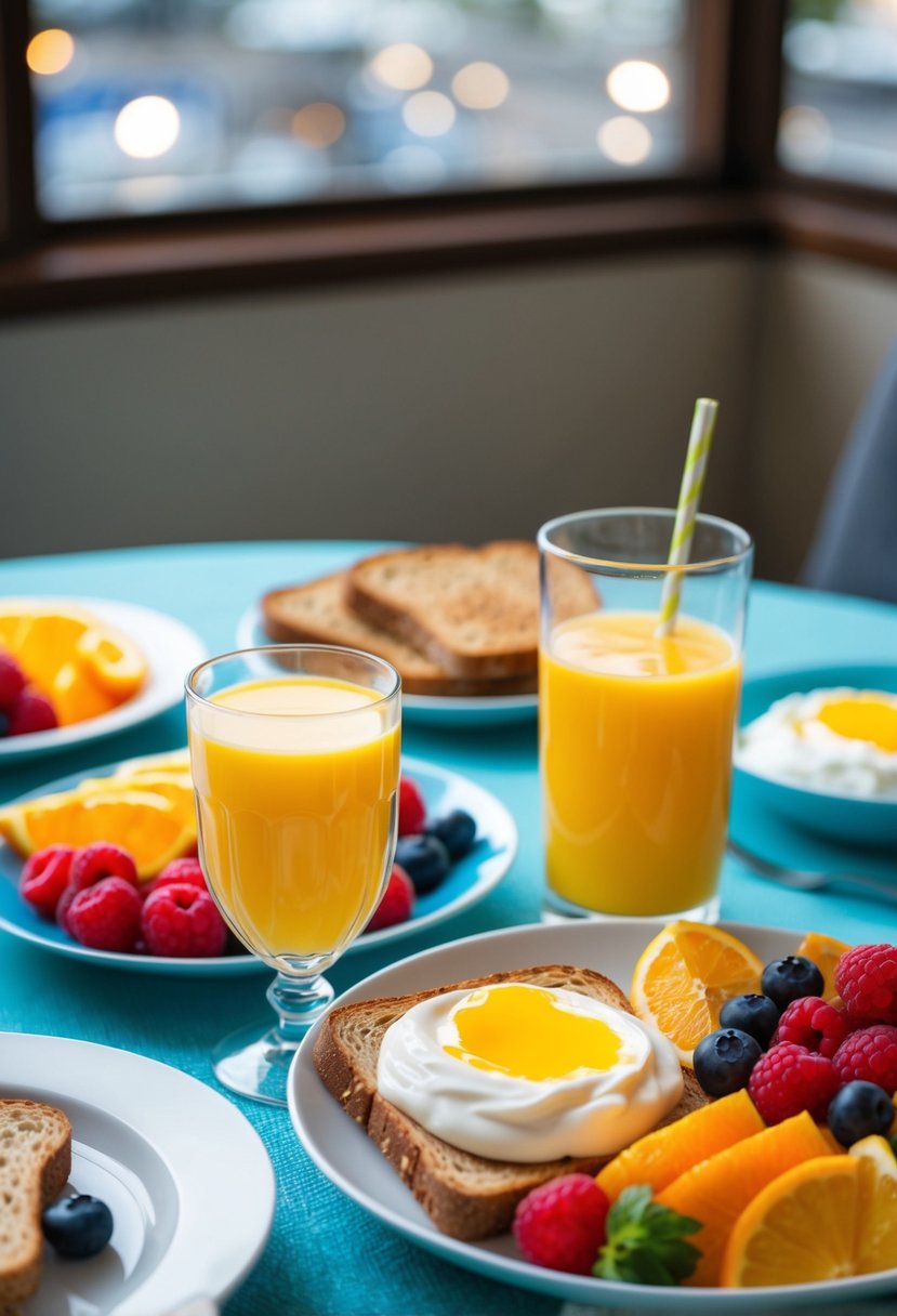 A table set with a colorful array of fruits, yogurt, and whole grain toast, with a glass of freshly squeezed orange juice