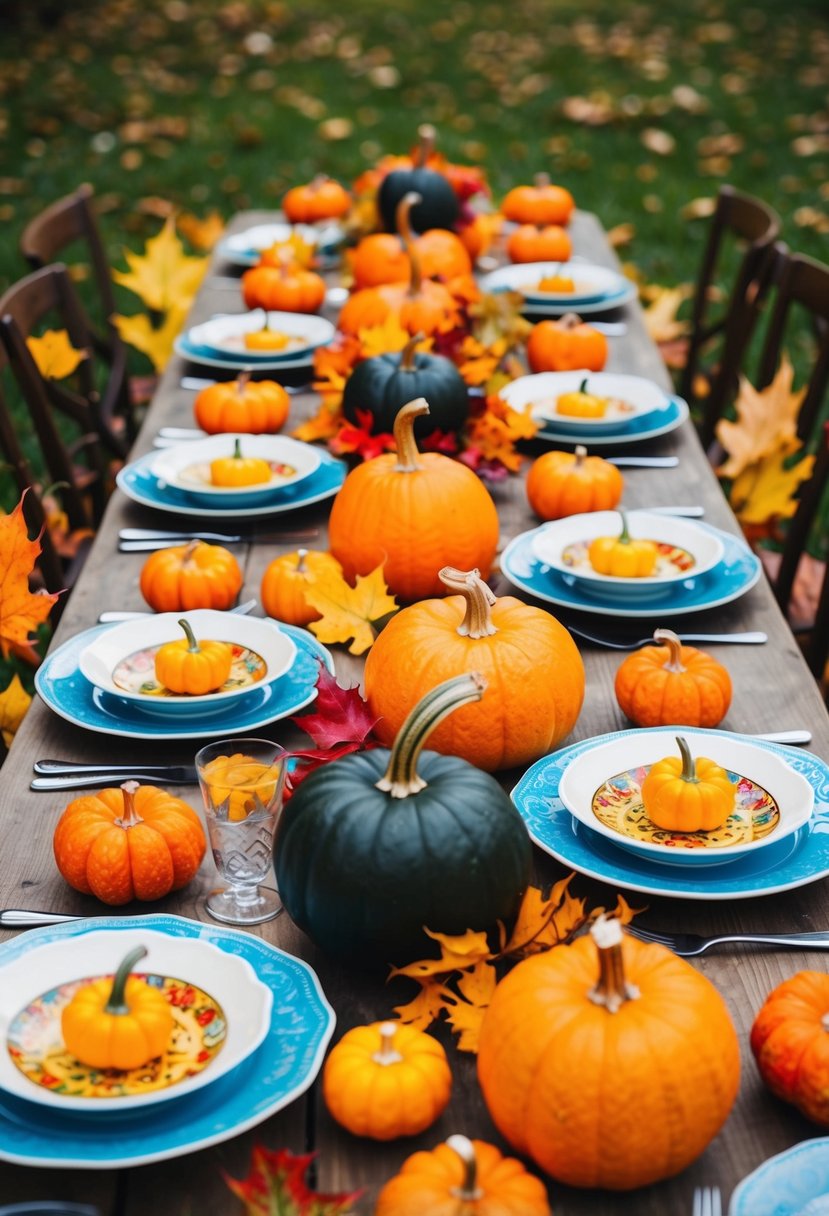 A table filled with colorful dishes, pumpkins, and autumn leaves