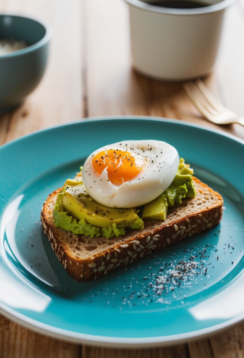 A slice of whole grain toast topped with mashed avocado and a perfectly poached egg, sprinkled with a pinch of salt and pepper