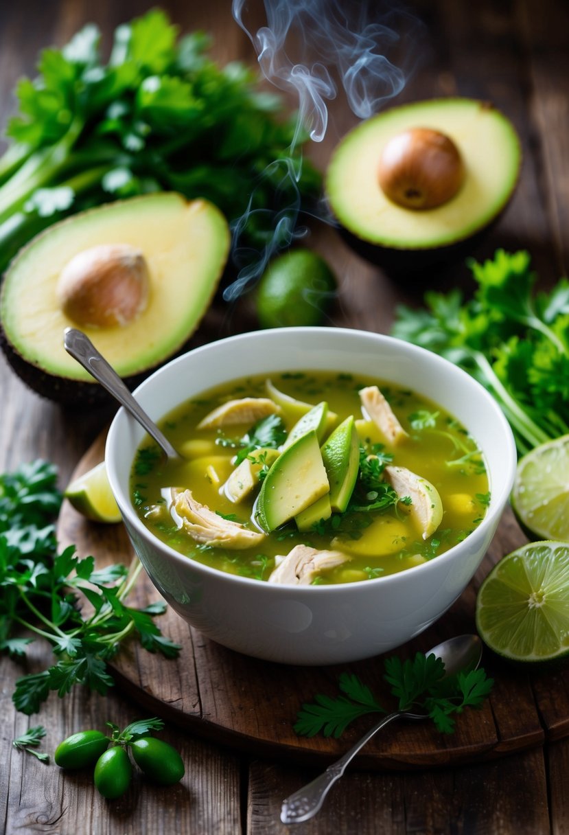 A steaming bowl of avocado and lime chicken soup surrounded by fresh vegetables and herbs on a rustic wooden table