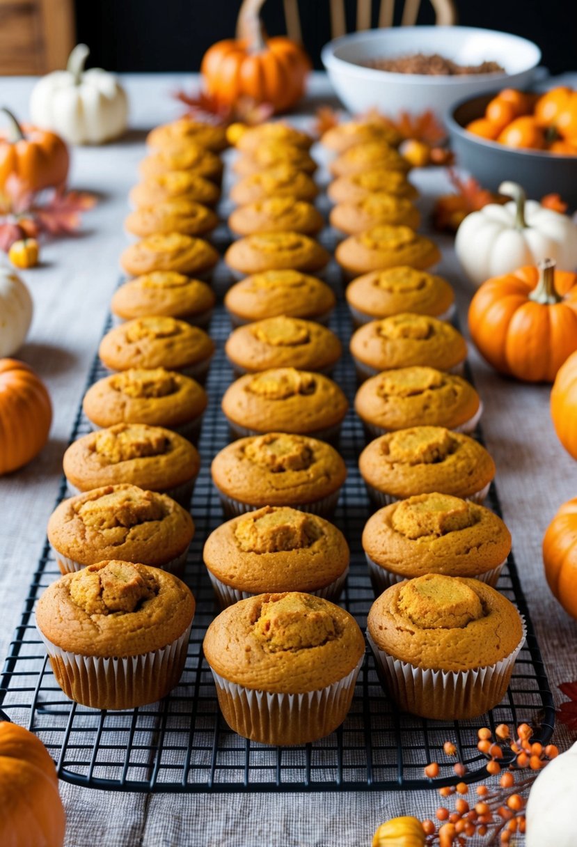 A table spread with pumpkin spice muffins, surrounded by fall decor for a potluck