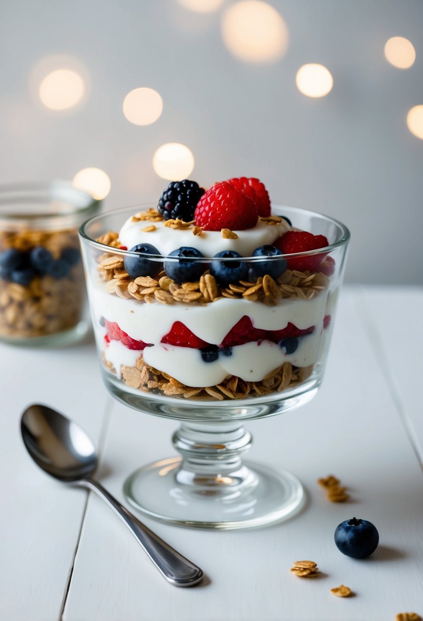 A glass parfait dish filled with layers of Greek yogurt, fresh berries, and granola, placed on a white table with a spoon beside it