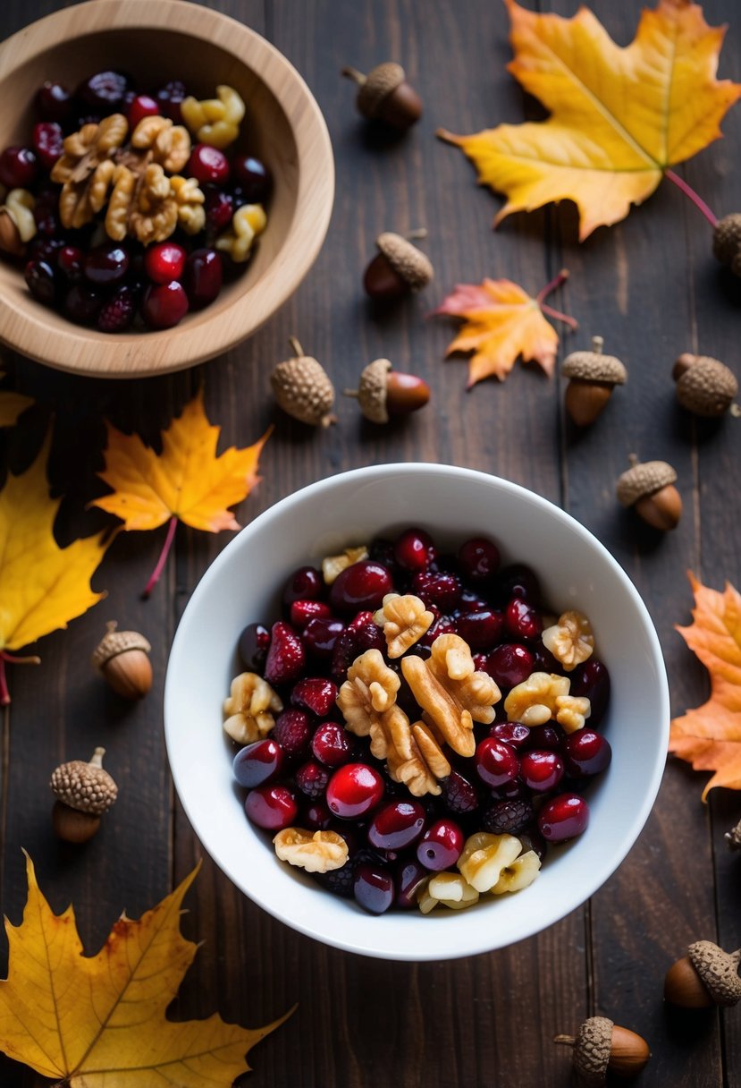 A bowl of cranberry walnut salad surrounded by autumn leaves and acorns on a wooden table