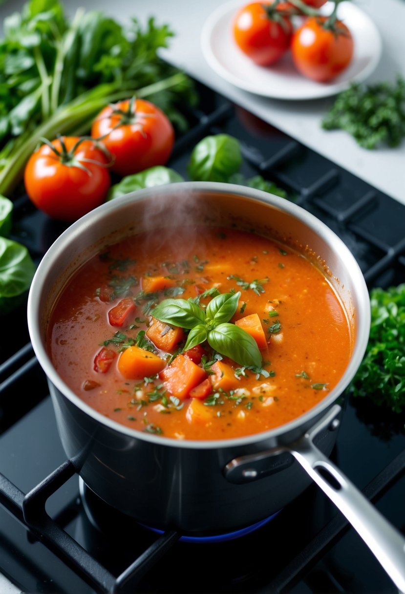 A pot of keto tomato basil soup simmers on a stovetop, surrounded by fresh vegetables and herbs