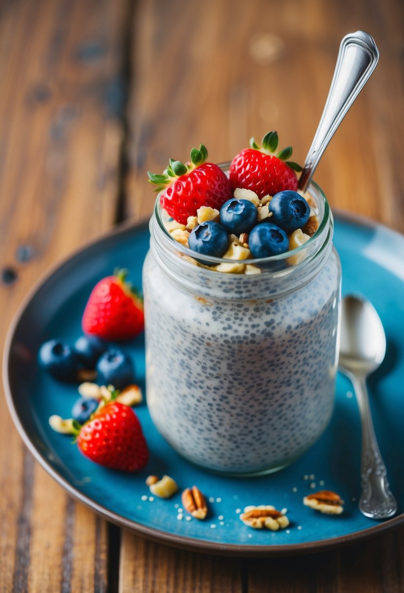 A glass jar filled with overnight chia pudding topped with fresh berries and a sprinkle of nuts, set on a wooden table