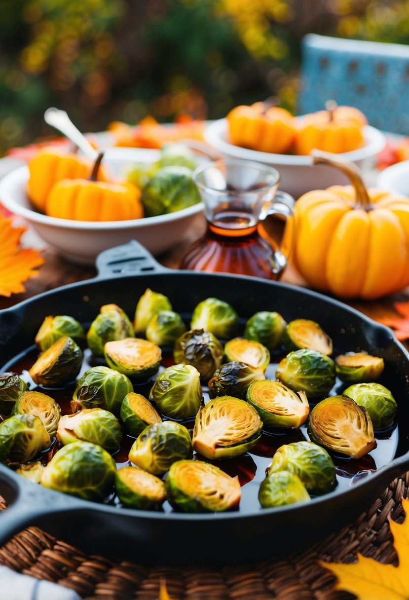 Brussel sprouts roasting on a bed of maple syrup, surrounded by fall foliage and a potluck table