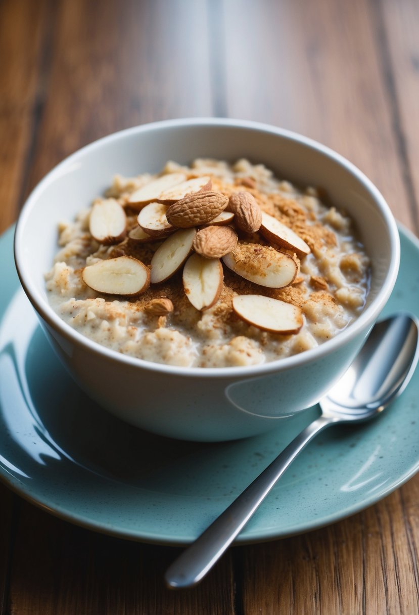 A bowl of oatmeal topped with sliced almonds and a sprinkle of cinnamon, with a spoon beside it on a wooden table