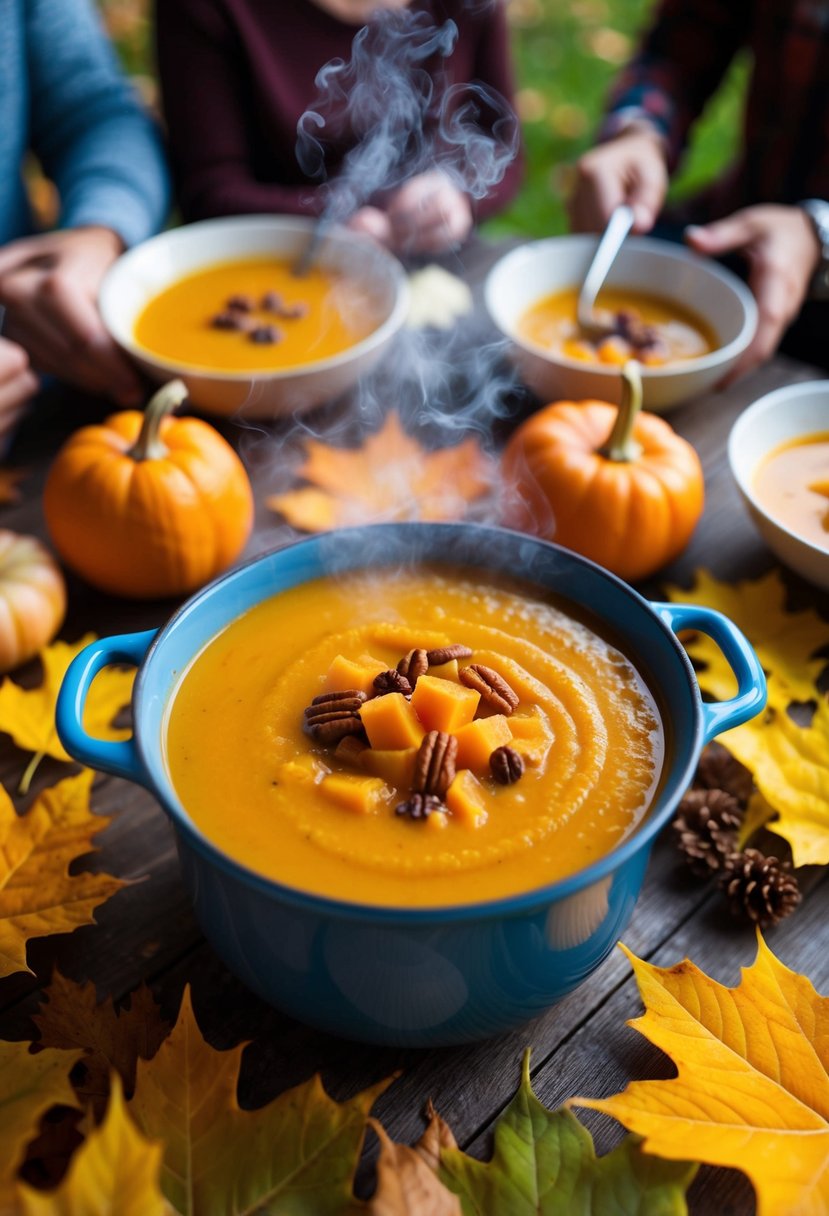 A steaming pot of butternut squash soup surrounded by autumn leaves and a gathering of friends at a potluck