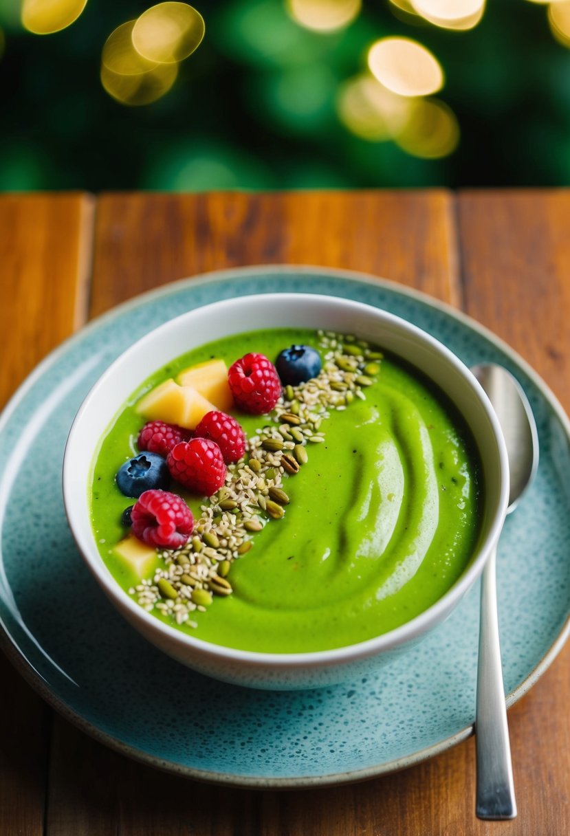 A vibrant green smoothie bowl topped with fresh fruit and seeds, set on a wooden table with a spoon beside it