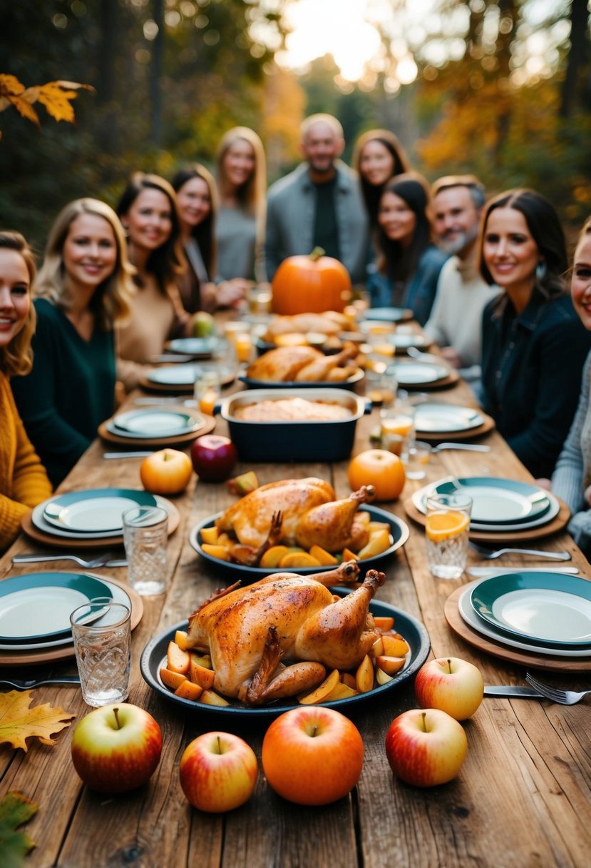 A rustic table spread with apple cider baked chicken, surrounded by autumn foliage and a gathering of friends for a potluck