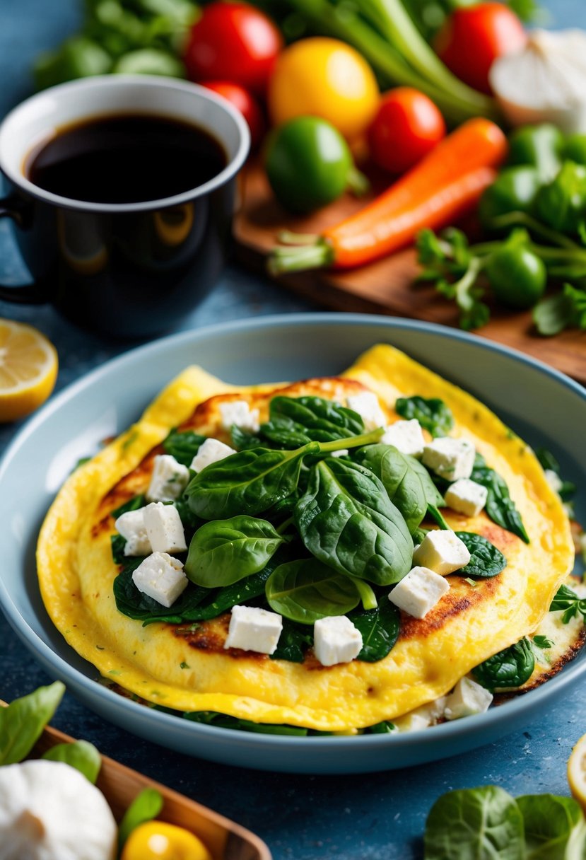 A sizzling omelette filled with vibrant green spinach and creamy feta cheese, surrounded by a colorful array of fresh vegetables and a steaming cup of black coffee