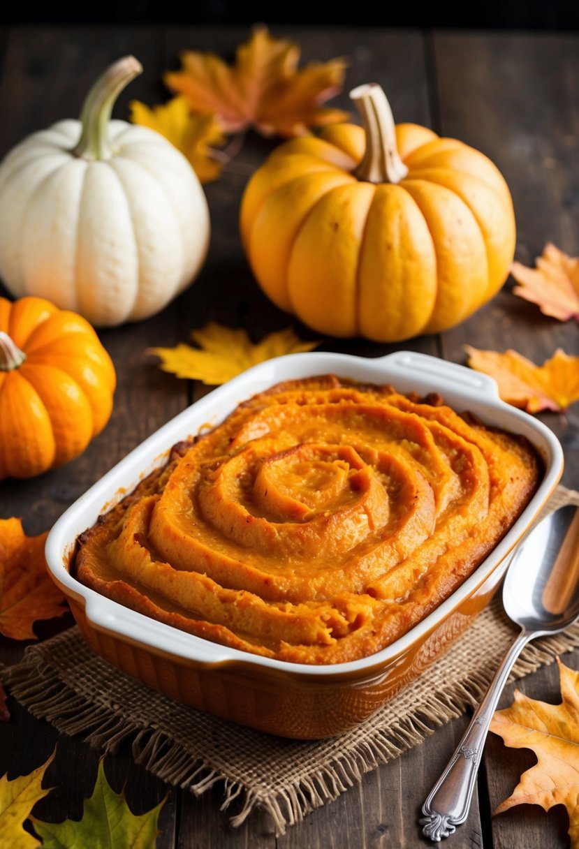 A steaming sweet potato casserole sits on a rustic wooden table surrounded by autumn leaves and gourds, ready for a fall potluck