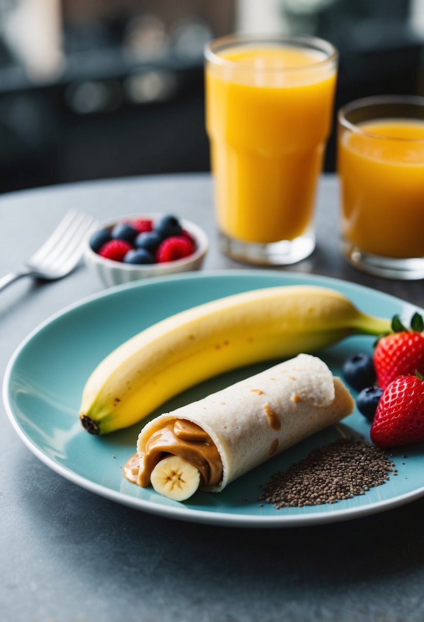 A banana and peanut butter wrap sits on a plate with a side of fresh berries, a glass of orange juice, and a sprinkle of chia seeds on the table