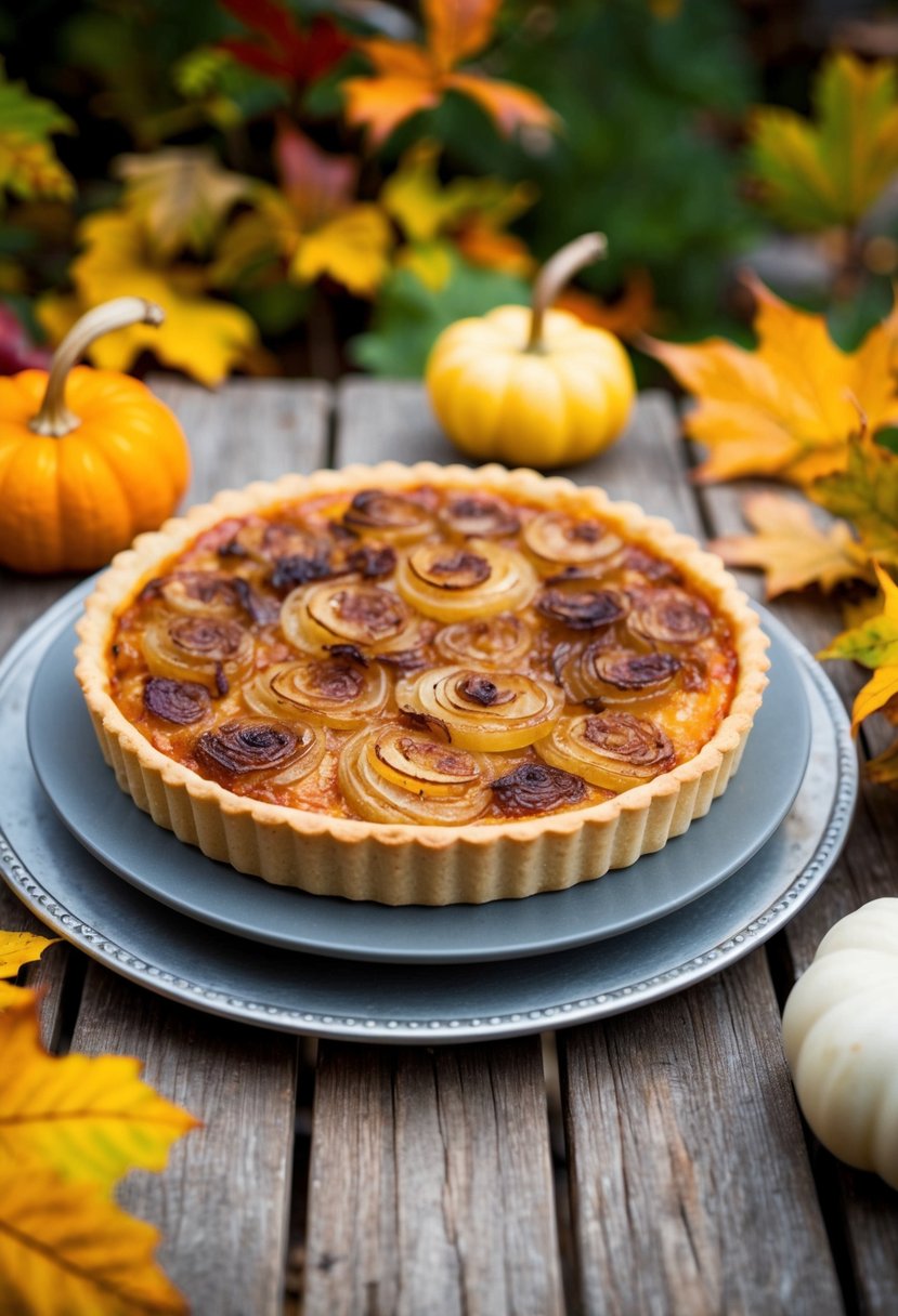 A golden-brown caramelized onion tart sits on a rustic table surrounded by autumn foliage, ready for a cozy fall potluck