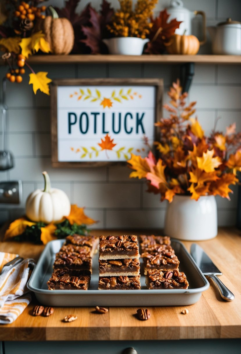 A rustic kitchen counter with a tray of freshly baked pecan pie bars surrounded by fall foliage and a potluck sign