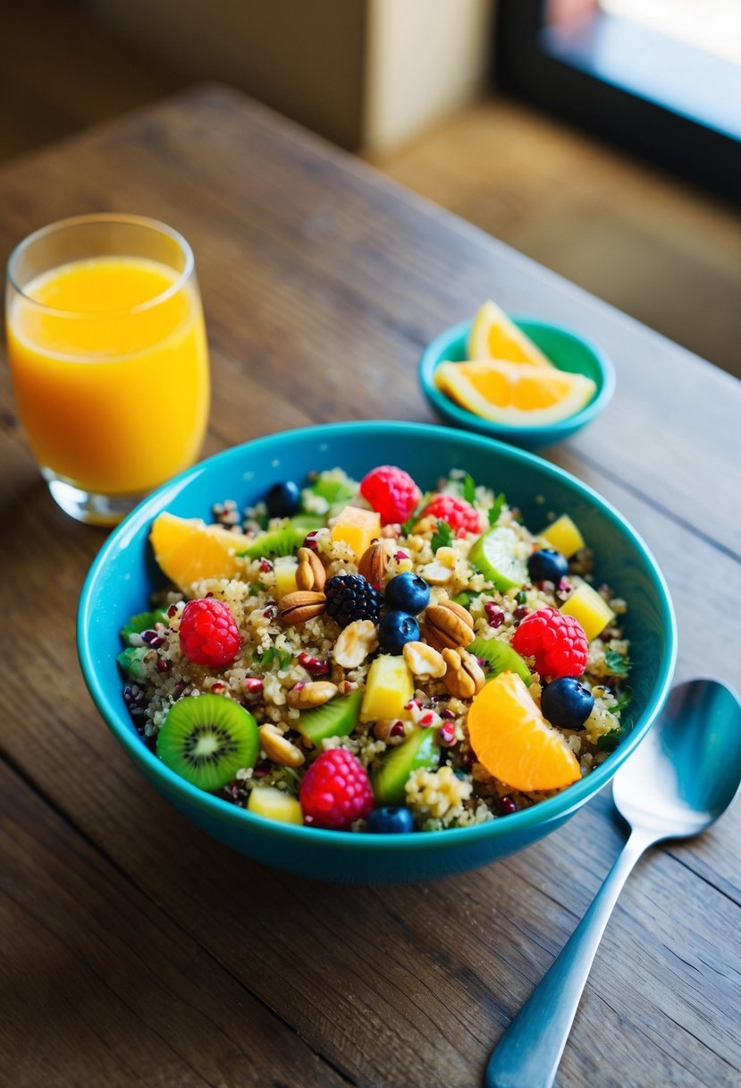 A colorful bowl of quinoa salad with fresh fruits and nuts, placed on a wooden table next to a glass of orange juice