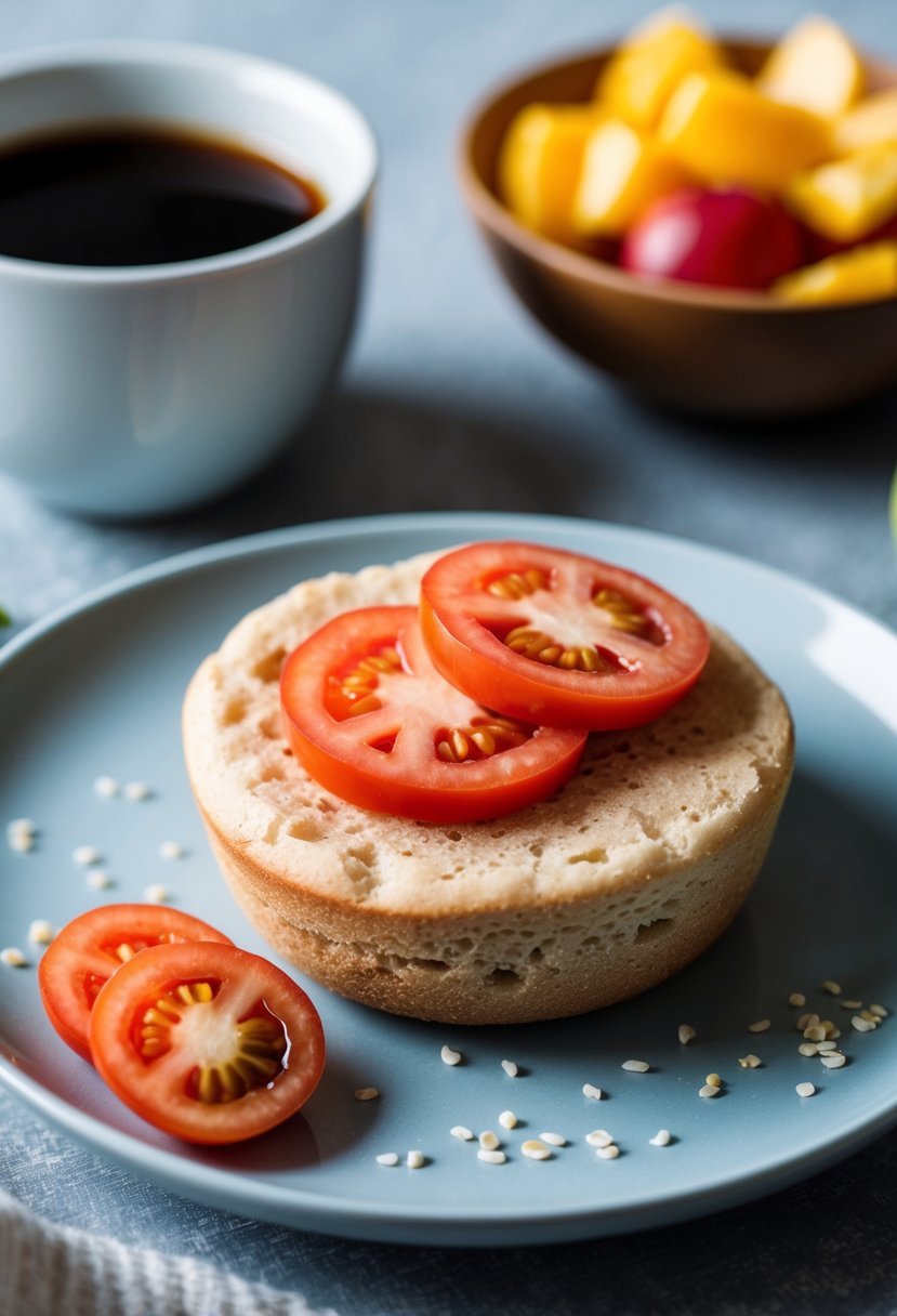 A whole wheat English muffin topped with sliced tomatoes on a plate, surrounded by a cup of coffee and a bowl of fresh fruit