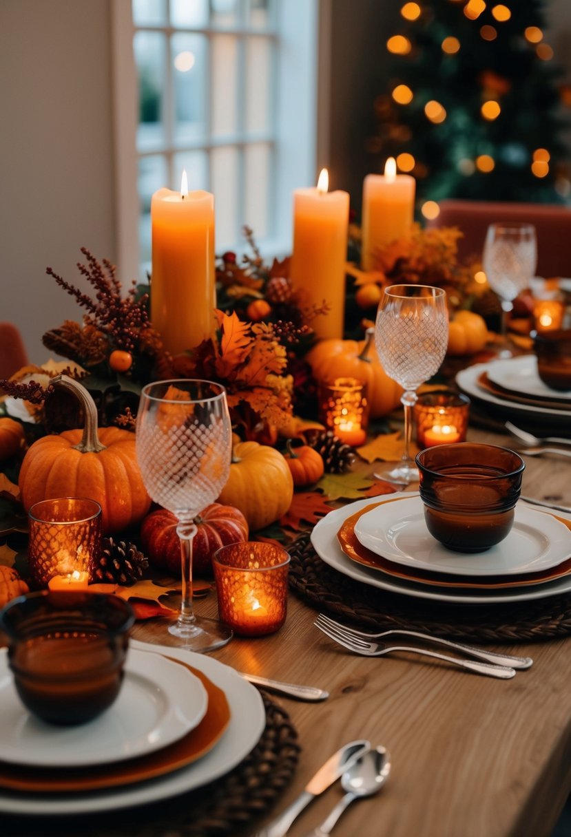 A table set with festive Thanksgiving drinks, surrounded by autumn decorations and warm candlelight