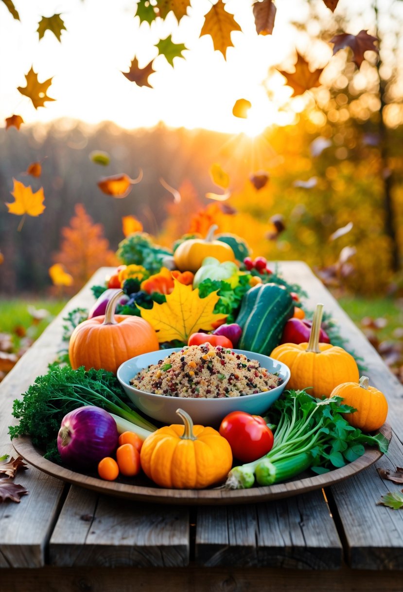 A rustic wooden table adorned with a colorful array of autumn vegetables, quinoa, and vibrant greens, set against a backdrop of falling leaves and warm sunlight