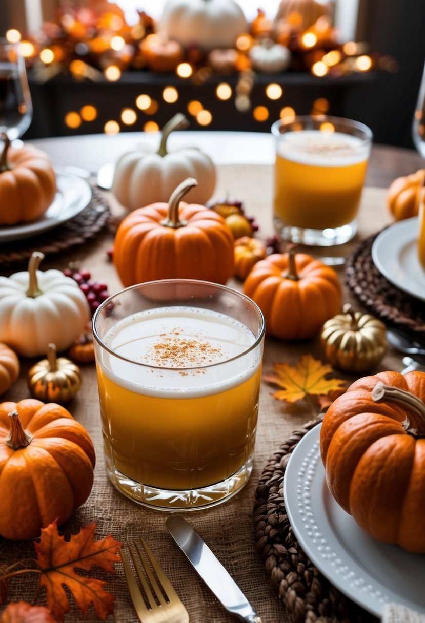 A cozy Thanksgiving table with a Pumpkin Spice White Russian cocktail surrounded by autumn decor