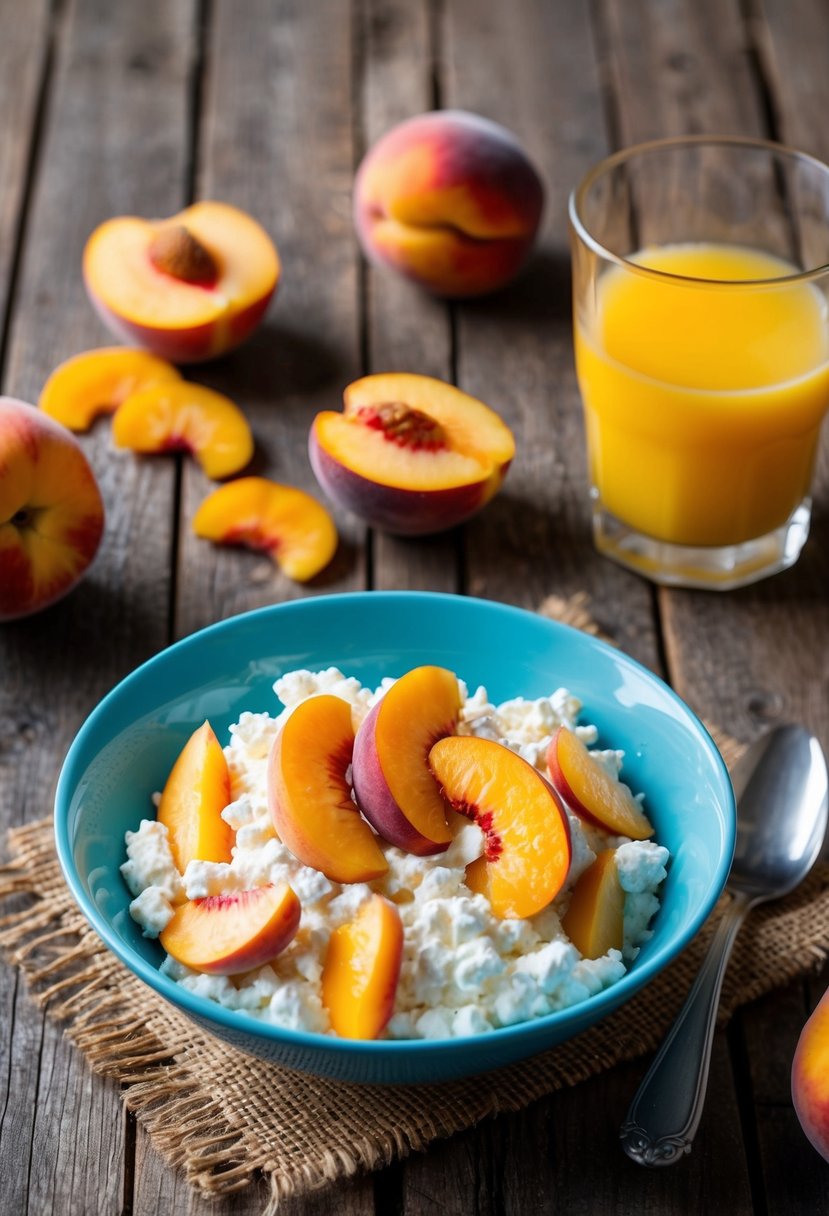 A bowl of cottage cheese topped with sliced peaches sits on a rustic wooden table, surrounded by a scattering of fresh fruit and a glass of orange juice