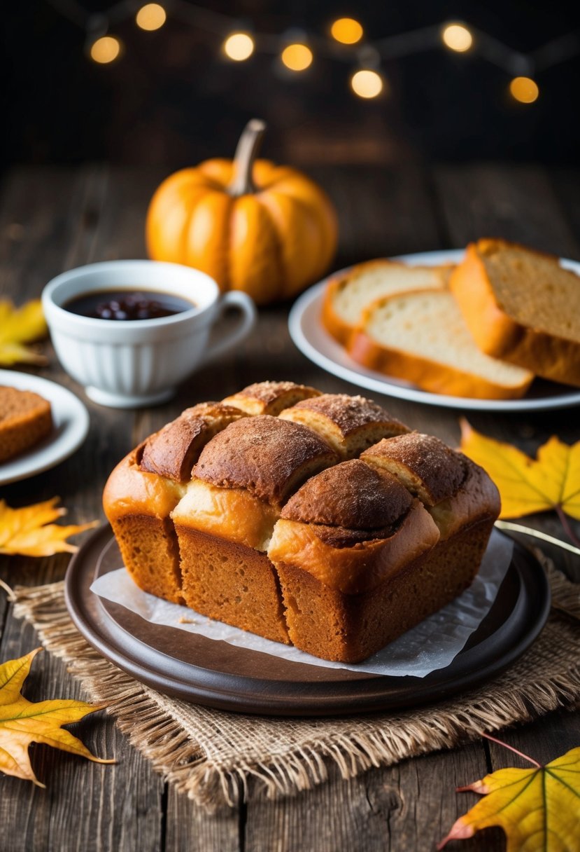 A warm loaf of cinnamon sugar pull-apart bread sits on a rustic wooden table, surrounded by autumn leaves and a potluck spread