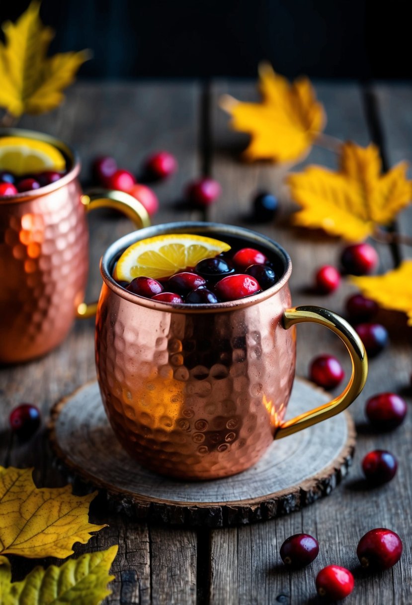 A festive copper mug filled with a Cranberry Moscow Mule sits on a rustic wooden table, surrounded by autumn leaves and a scattering of cranberries