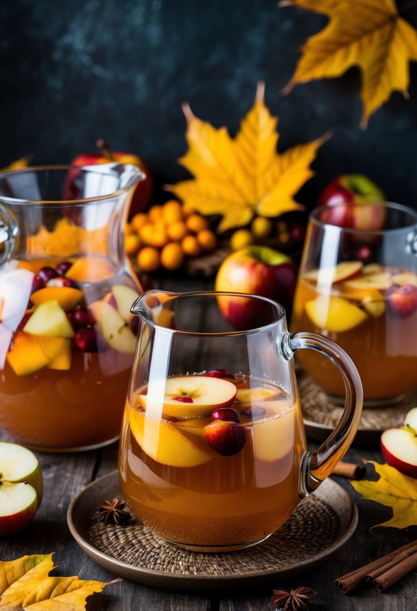 A rustic table set with a pitcher of spiced apple cider sangria, surrounded by autumn leaves and seasonal fruits