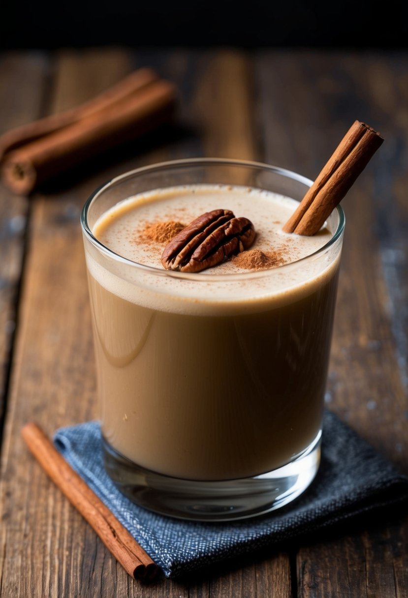 A glass filled with a creamy brown liquid, garnished with a whole pecan and a sprinkle of cinnamon, set on a rustic wooden table