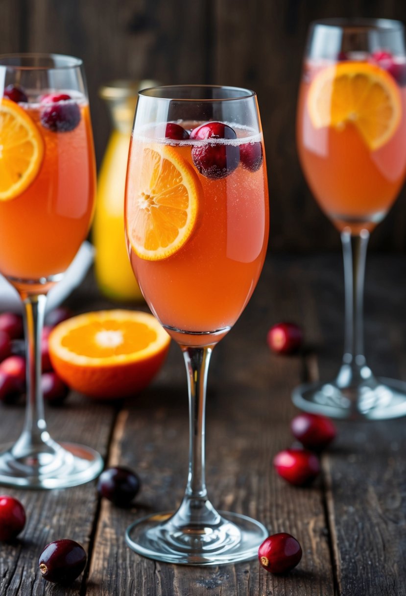 A glass of cranberry orange mimosa sits on a rustic wooden table, garnished with fresh cranberries and a slice of orange