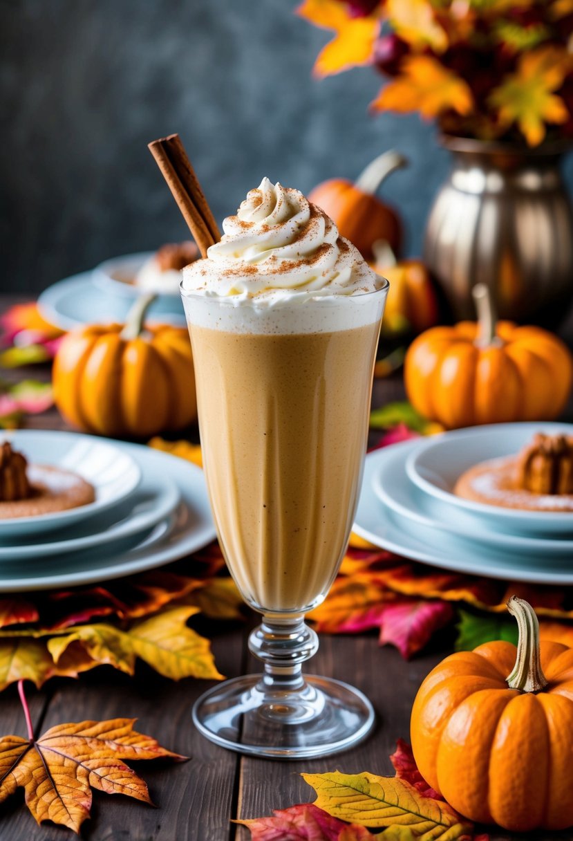 A tall glass filled with a creamy pumpkin pie milkshake, topped with whipped cream and a sprinkle of cinnamon, surrounded by autumn leaves and a festive Thanksgiving table setting