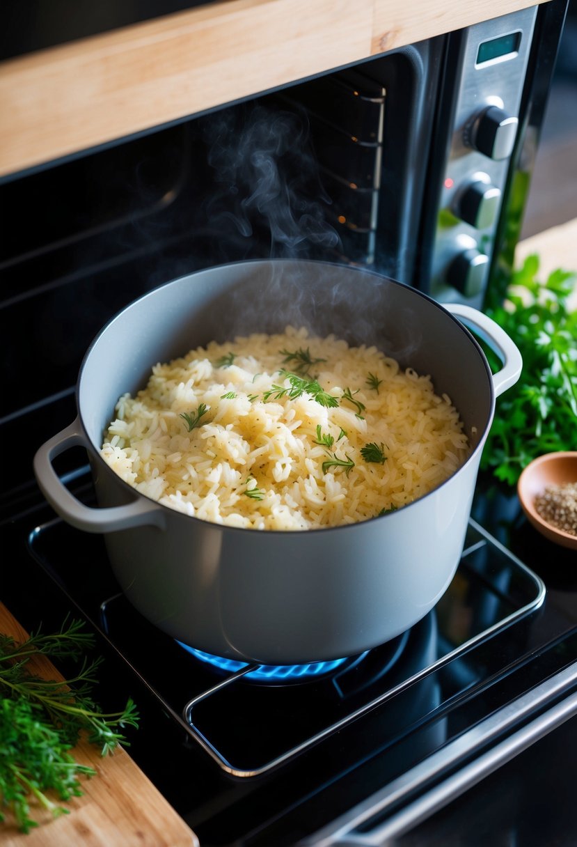 A pot of rice cooking in a modern oven, surrounded by fresh herbs and spices