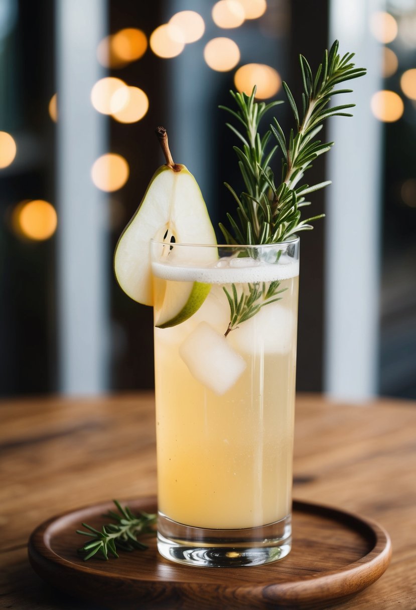 A tall glass filled with sparkling ginger pear drink, garnished with a slice of fresh pear and a sprig of rosemary, placed on a wooden table