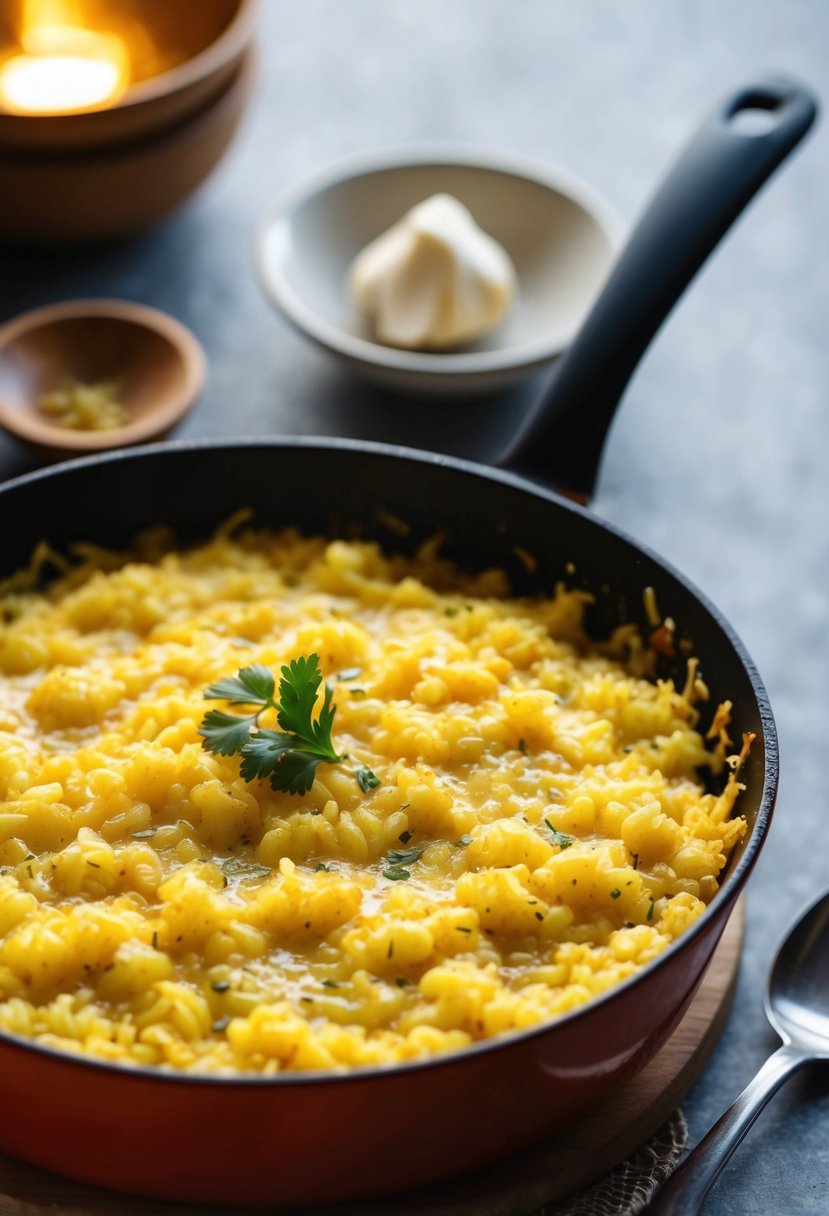 A bubbling dish of garlic butter baked rice, golden and aromatic