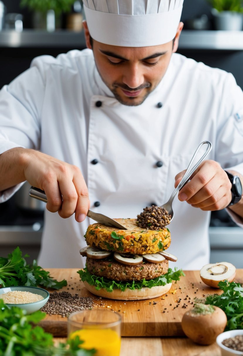 A chef creating a plant-based burger patty with a mix of ingredients like lentils, mushrooms, and quinoa, surrounded by various herbs and spices