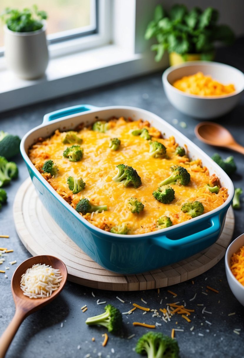 A bubbling casserole dish filled with cheesy broccoli rice, surrounded by scattered ingredients and a wooden spoon on a kitchen counter