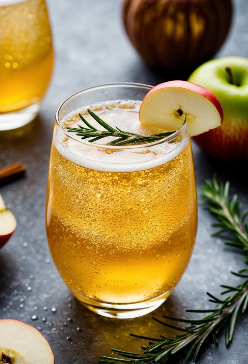 A glass filled with a bubbly, golden Apple Gin Fizz, garnished with a slice of apple and a sprig of fresh rosemary, set on a rustic Thanksgiving table