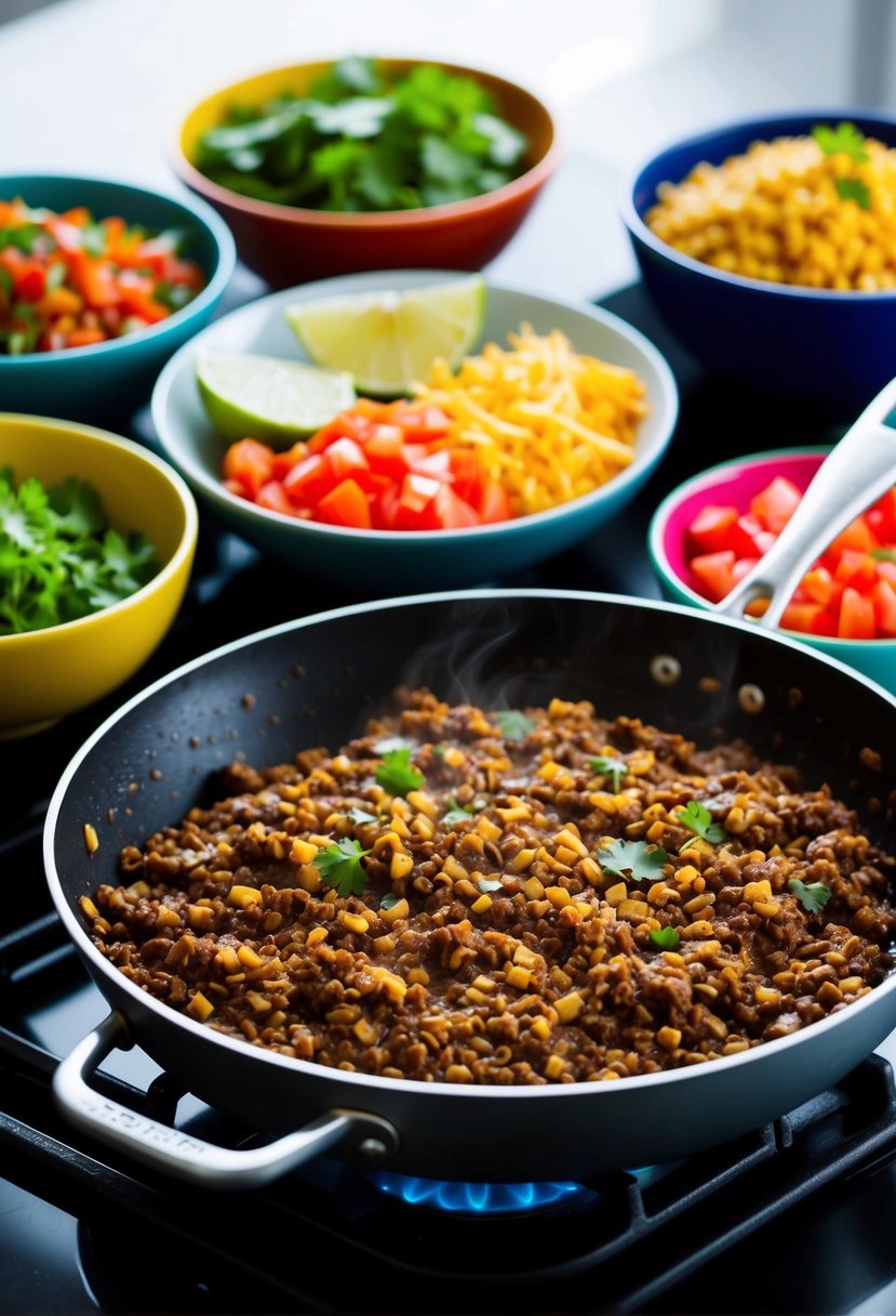 A sizzling skillet of lentil taco filling cooks on a stovetop, surrounded by colorful bowls of fresh toppings