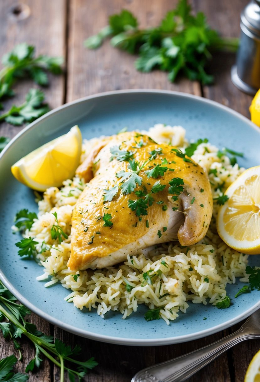 A platter of lemon herb chicken with rice, surrounded by fresh herbs and a lemon wedge, sitting on a rustic wooden table