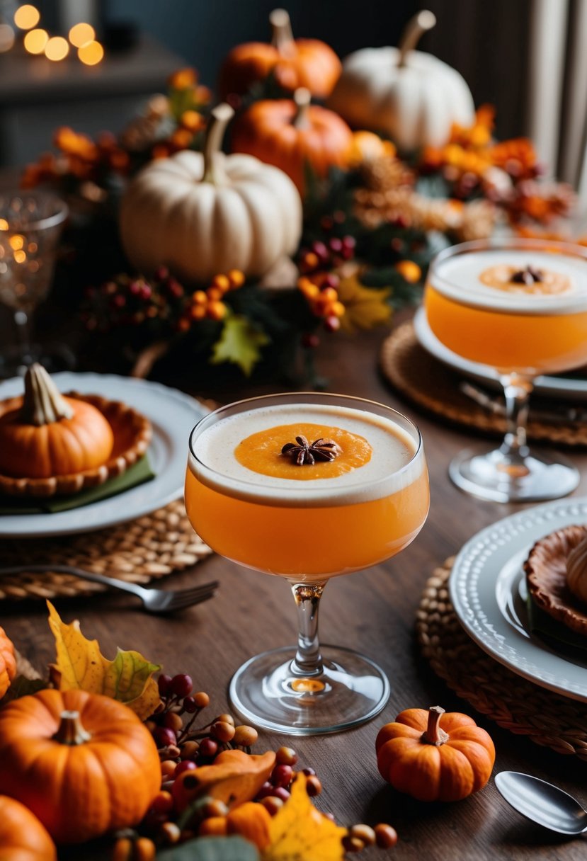 A cozy Thanksgiving table with a Butternut Old Fashioned cocktail, surrounded by autumnal decor and traditional holiday dishes