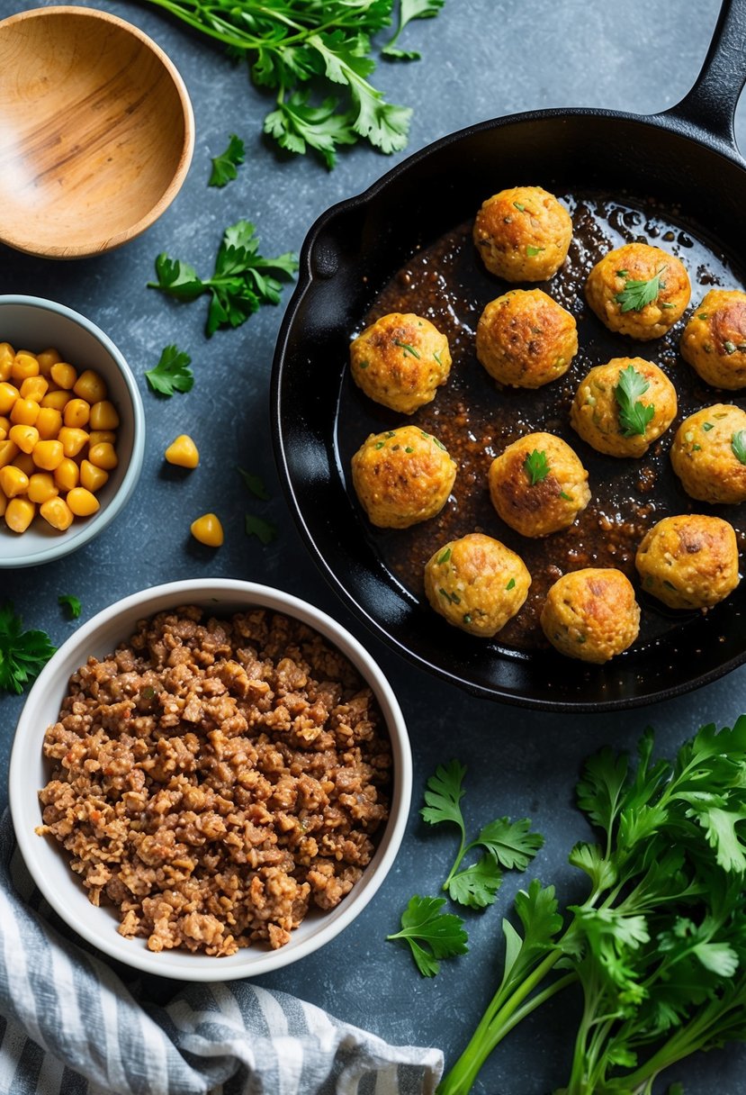 A sizzling skillet of chickpea meatballs cooking next to a bowl of impossible ground beef, surrounded by fresh vegan ingredients