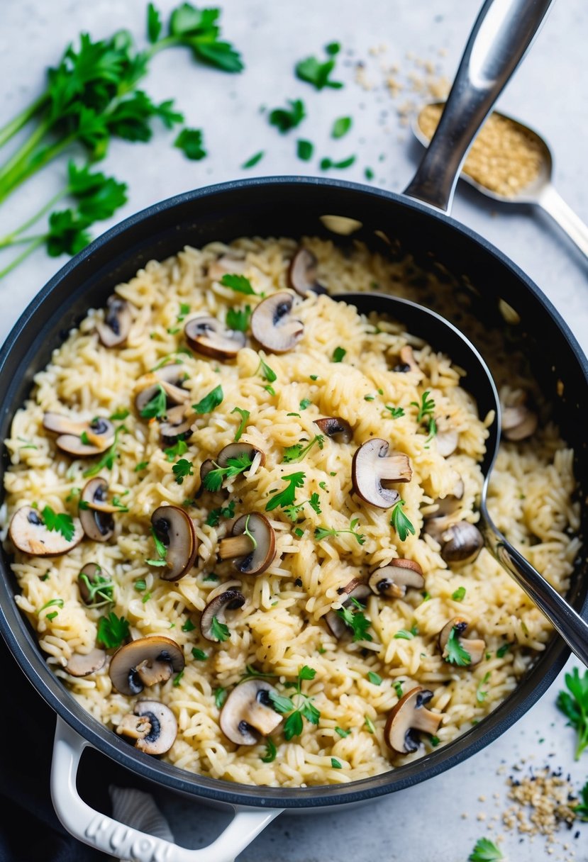 A pot of creamy mushroom oven rice bubbling in a casserole dish, surrounded by scattered fresh herbs and spices