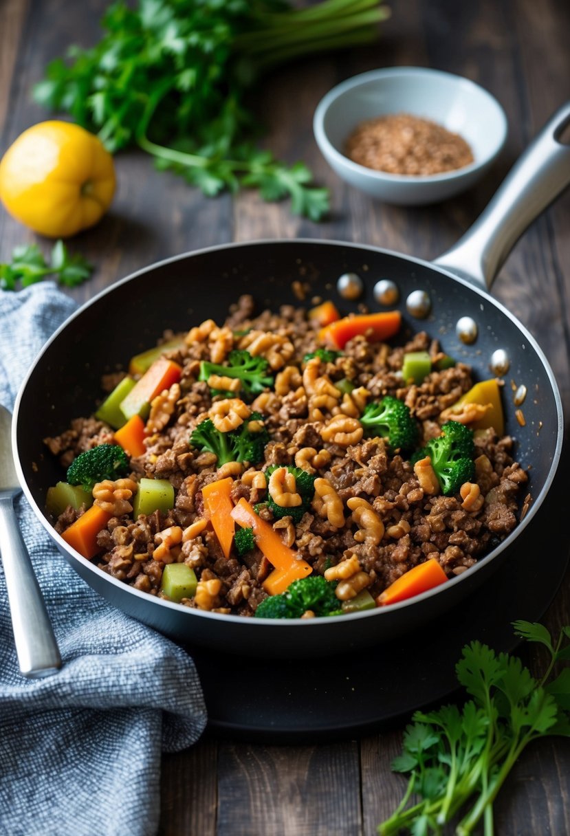 A sizzling skillet of walnut crumble stir fry with colorful vegetables and plant-based ground beef sizzling in a savory sauce