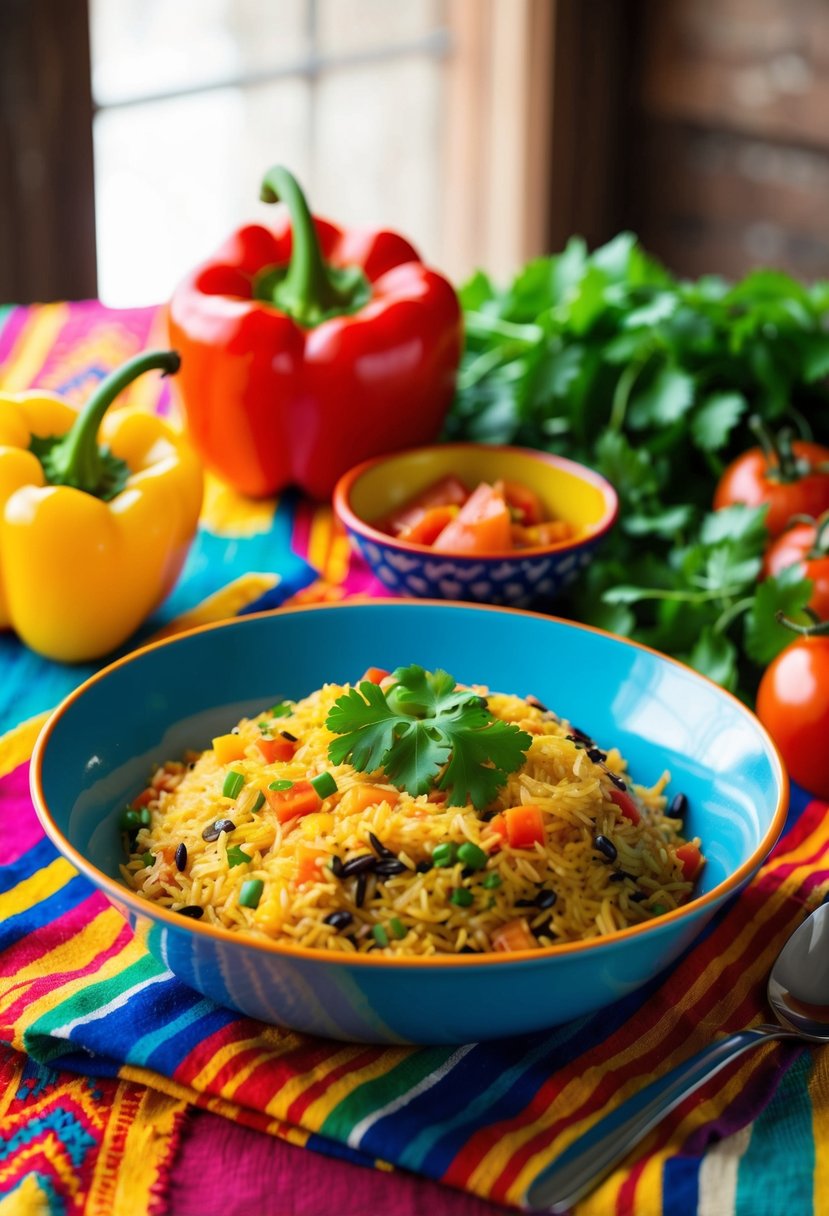 A colorful table setting with a steaming dish of Mexican fiesta baked rice surrounded by vibrant ingredients like bell peppers, tomatoes, and cilantro